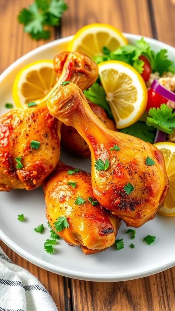 Crispy lemon pepper chicken drumsticks on a plate with parsley and lemon wedges.